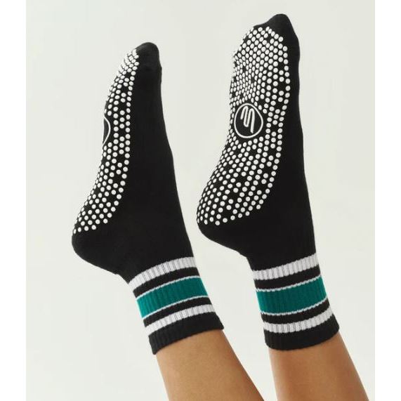 MoveActive Crew Non Slip Grip Socks - Midnight Emerald Stripe | Kaos Kaki Pilates | Kaos Kaki Yoga |