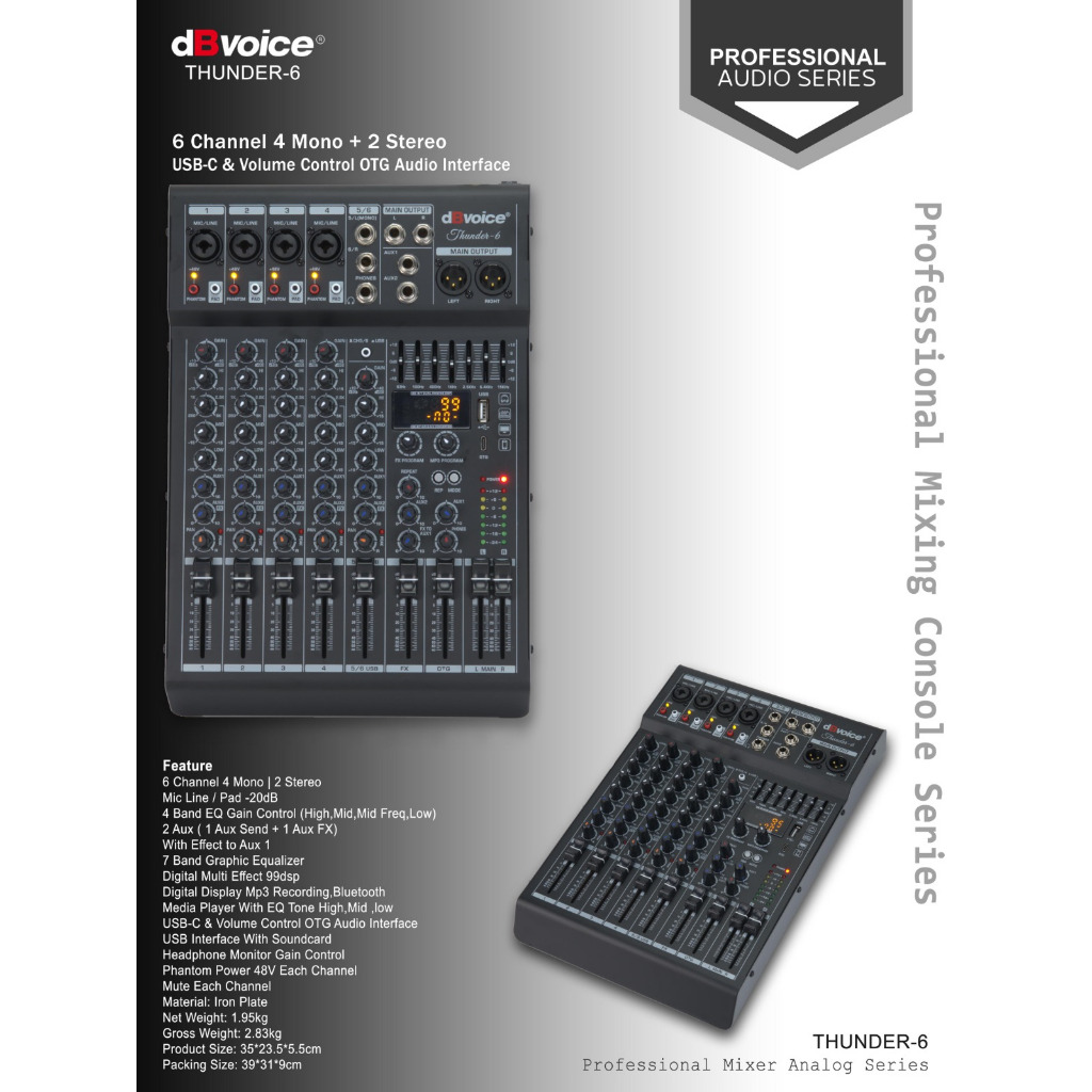 Mixer 6Ch dengan Dual Audio Interface USB-A dan USB-C dBvoice THUNDER-6