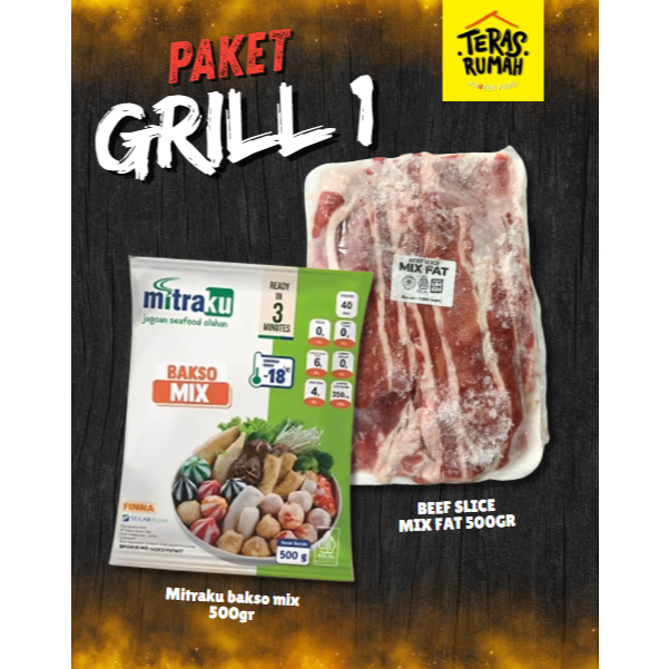 

PAKET BBQ 1 GRILL BEBAKARAN - BEEF DAGING SAPI SLICE MIX FAT & MITRAKU BAKSO MIX 500GR