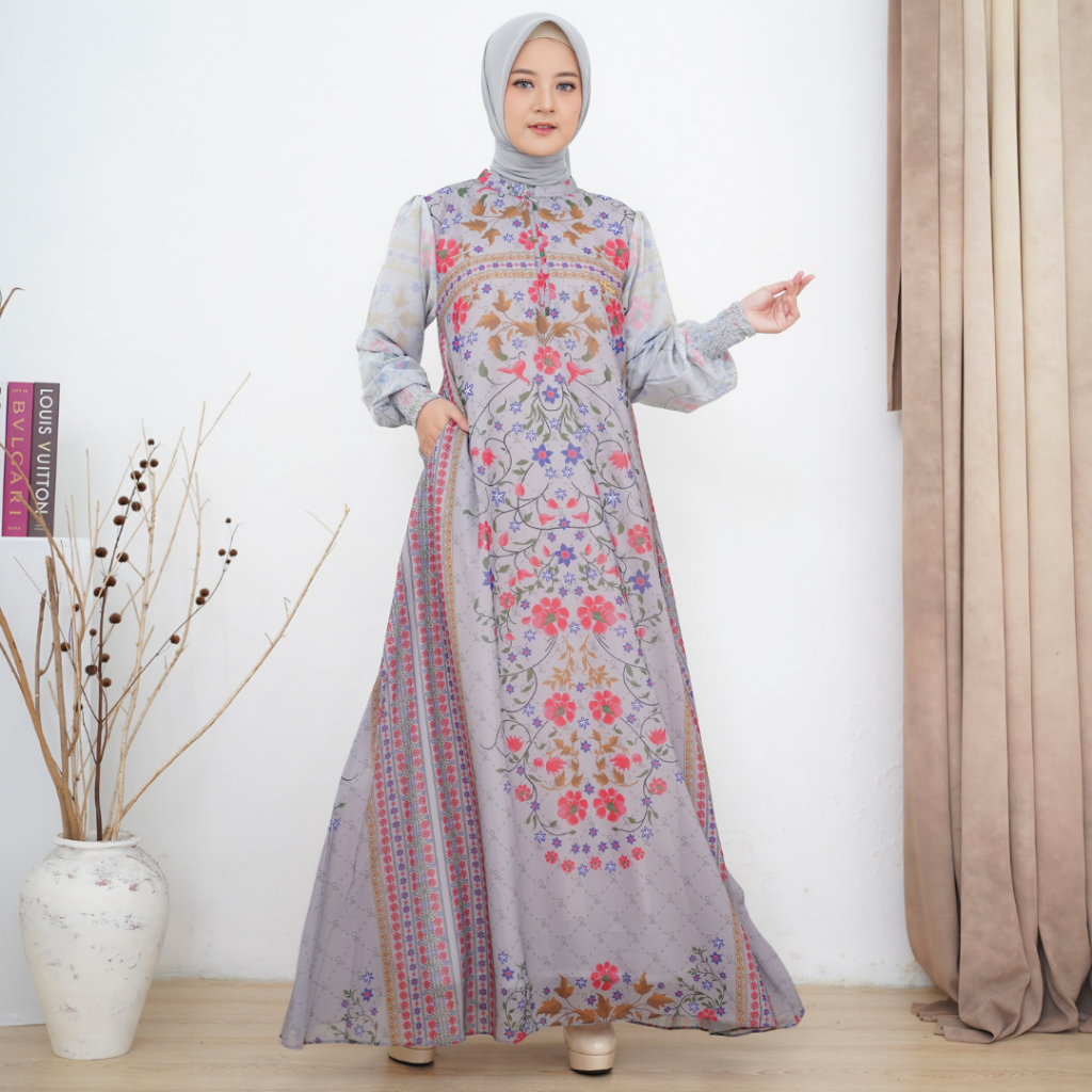Gamis Ceruty Baby Doll Motif Printing Dress Muslimah Lengan Panjang Terbaru