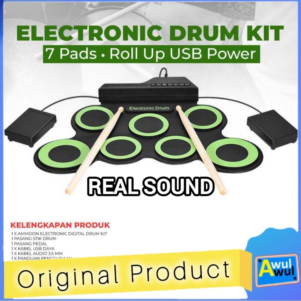 Roll Up Drum Elektrik Gulung Portable (Suara Drum Asli) Electronic Drum Kit 7 Pads dilengkapi Pedal 