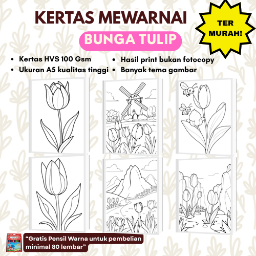 

Kertas Mewarnai Bunga Tulip Ukuran A5 / Lembar Mewarnai Untuk PAUD TK SD