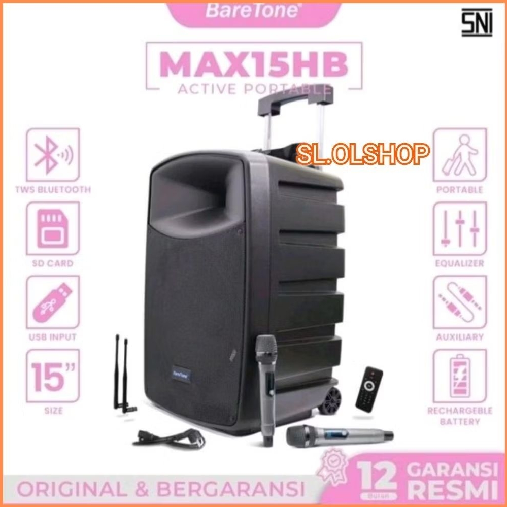 Speaker Aktif Portabel 15 Inch Power RMS 600 Watt  Baretone Max 15HB Original Bluetooth Usb