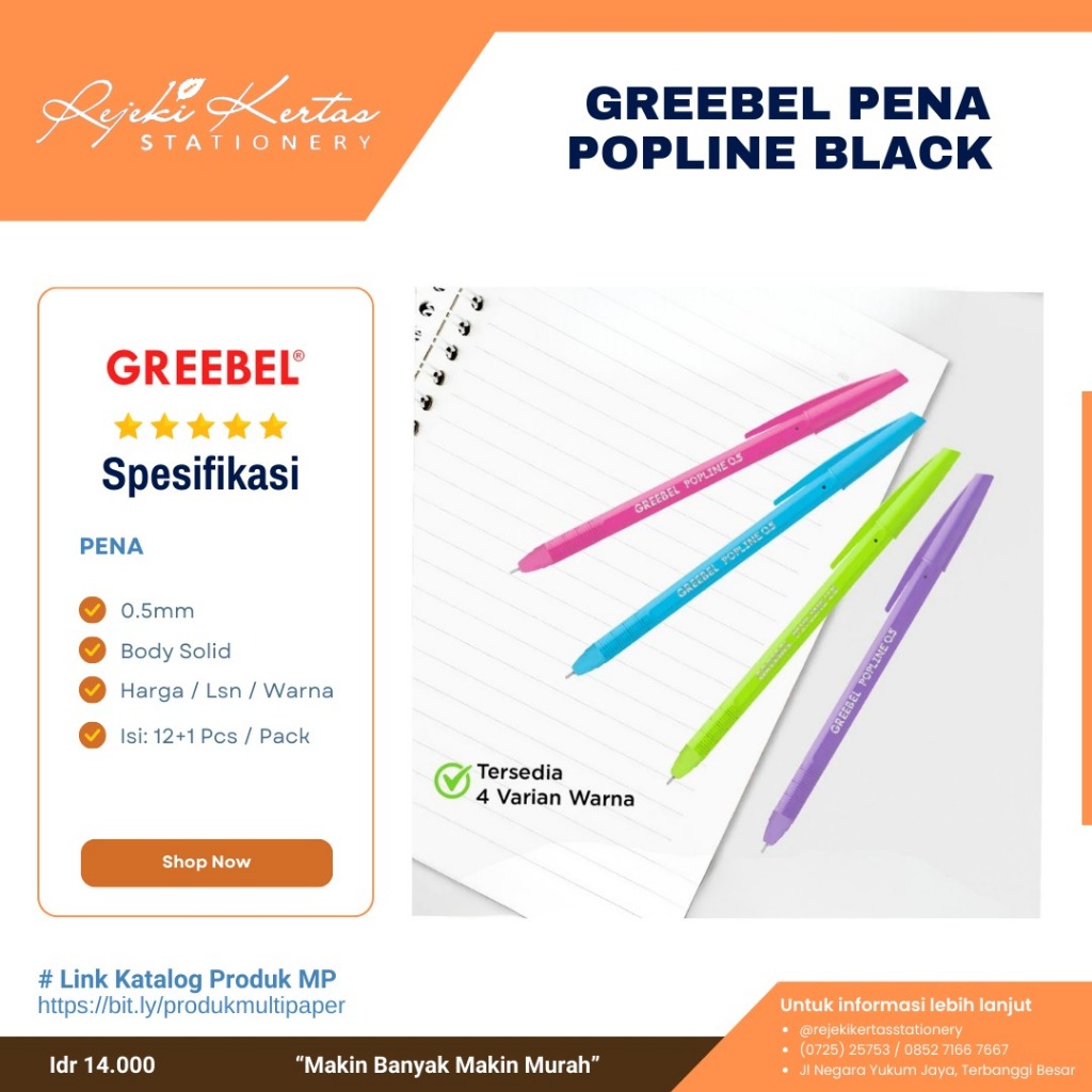 

Greebel Pena Popline Warna Hitam (1 pak isi 12) 0.5mm