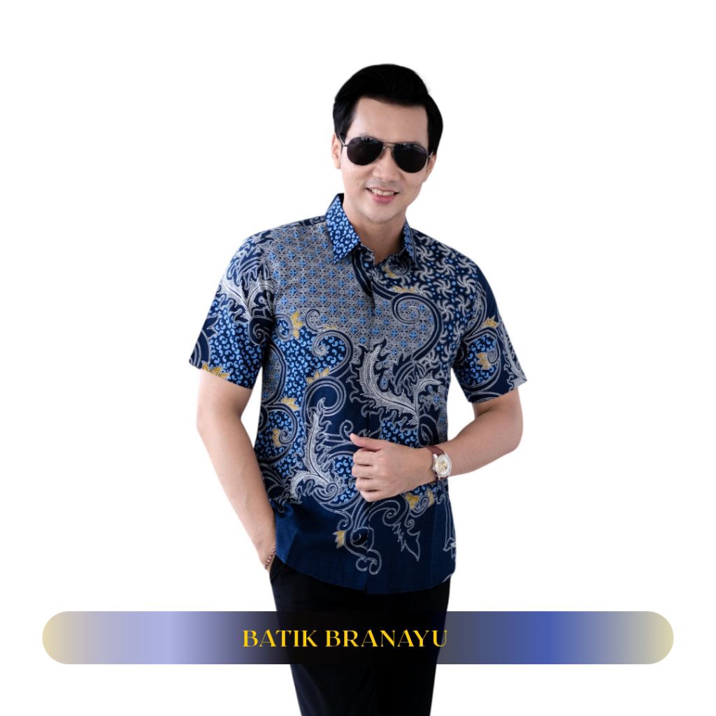 Batik Branayu Slimfit KEMEJA BATIK PRIA MODERN LENGAN PANJANG PENDEK WUSTARA NAVY FULL FURING BAJU H