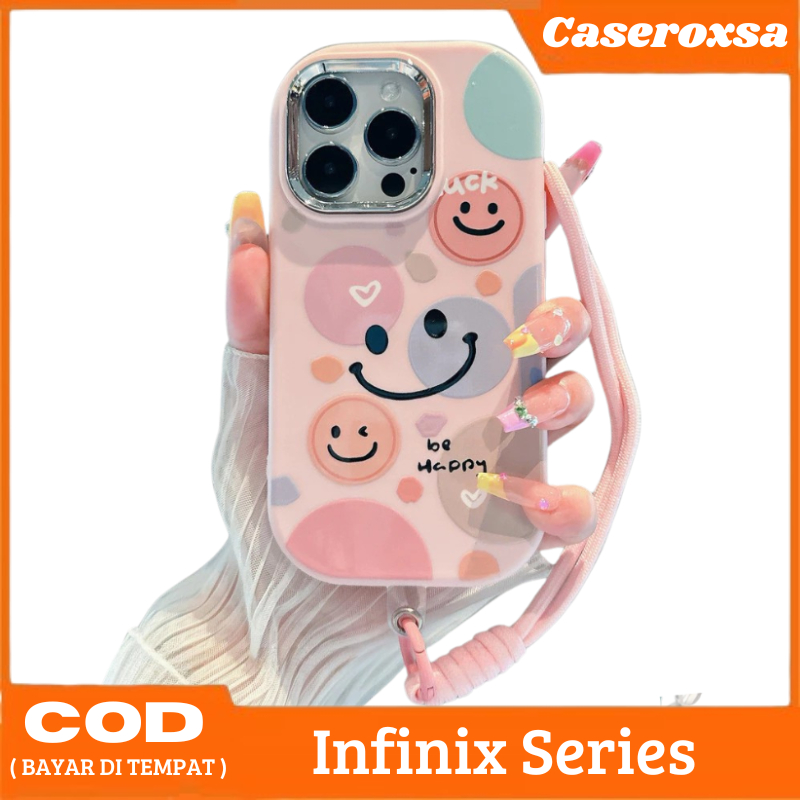 Case HP Infinix Hot 40i Smart 8 Pro Casing Softcase Silikone Happy Smile Tali Lanyard Premium