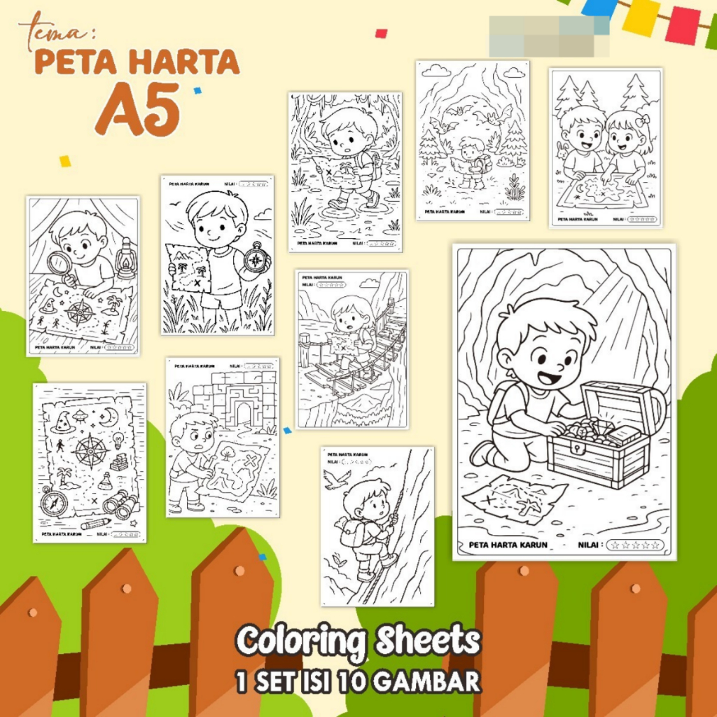 

KERTAS GAMBAR MEWARNAI TEMA PETA HARTA A5 READY STOCK - LEMBAR COLORING SHEETS ISI 10 LEMBAR