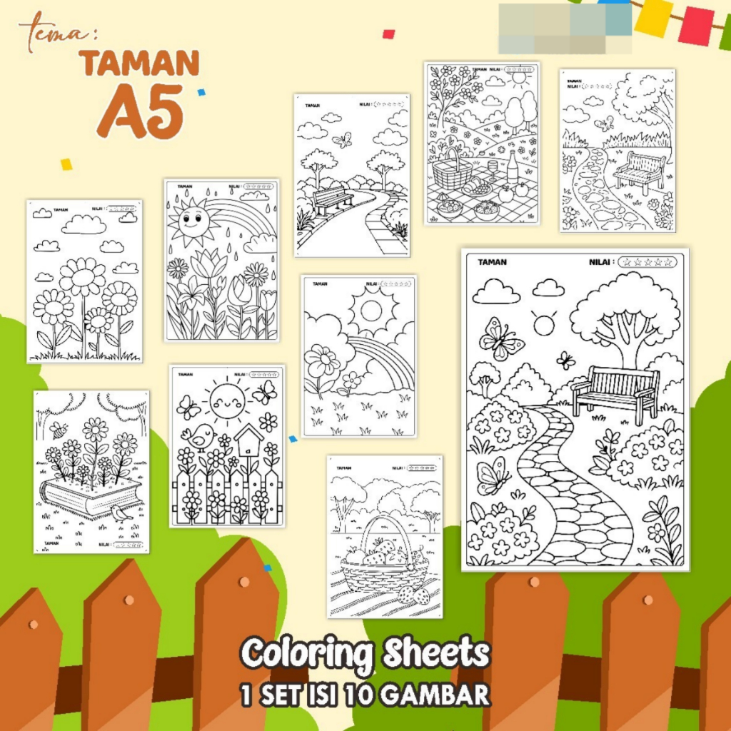 

KERTAS GAMBAR MEWARNAI TEMA TAMAN - LEMBAR COLORING SHEETS FOR KIDS ISI 10 LEMBAR [A5] READY