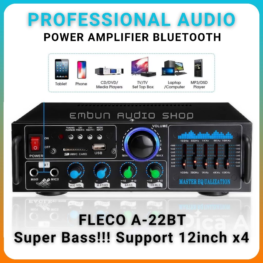 Power Amplifier Bluetooth Penguat Audio Speaker 12inch x4 FLECO A-22BT Dual Mic Anti Noise Super Bas
