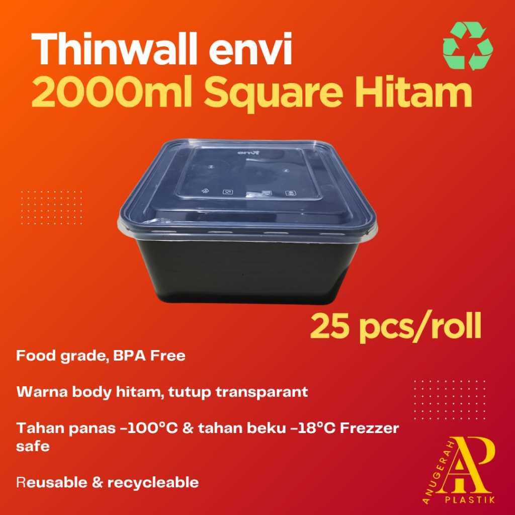 THINWALL HITAM 2000 ML SQUARE + TUTUP CLEAR MEREK ENVI PREMIUM HARGA 25 PCS