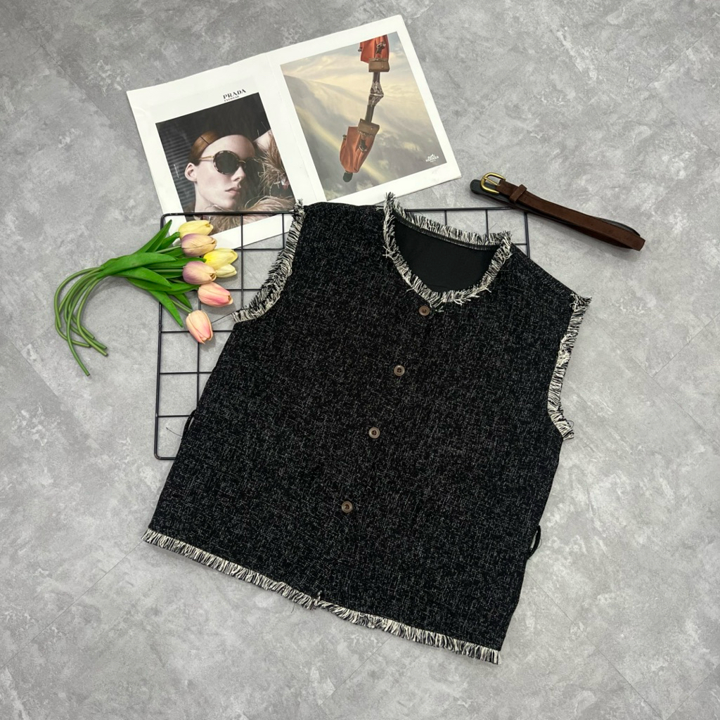 Sleeveless tweed blazer vest Korean Rajut rompi lengan pendek wanita