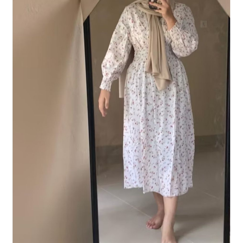 [ PRELOVED ] Baju Dress motif tunik bunga sifon lengan panjang hijab friendly casual