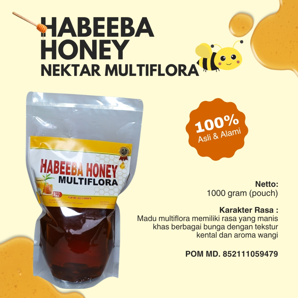 

Madu Multiflora 1000 gram Asli dan Murni Habeeba Honey Pouch Berizin BPOM
