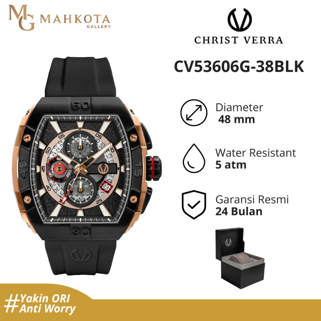 Jam Tangan Pria Christ Verra CV53606G-38BLK Chronograph Aktif Strap Karet Original dan Bergaransi
