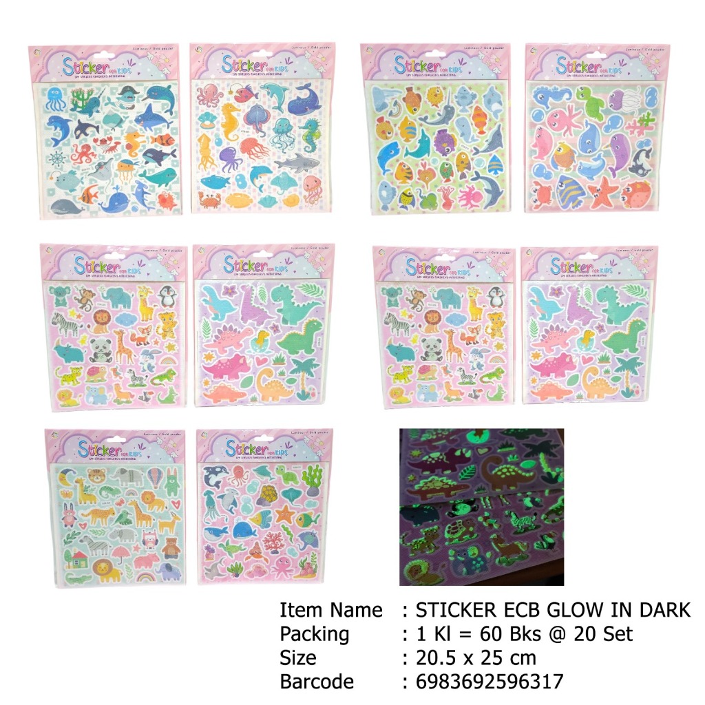 

sticker glow in the dark fluorecent benny satu lembar ukuran 20.5 xm x 25 cm ( besar) RANDOM GAMBAR ( GAMBAR DINO DAN ANIMAL)