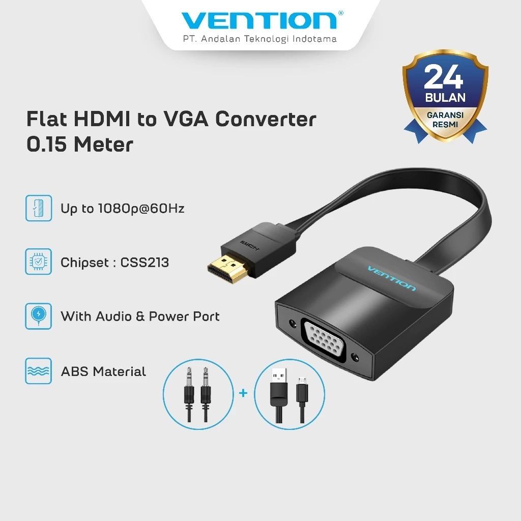 Vention Flat HDMI to VGA Converter with Female Micro USB and Audio Port