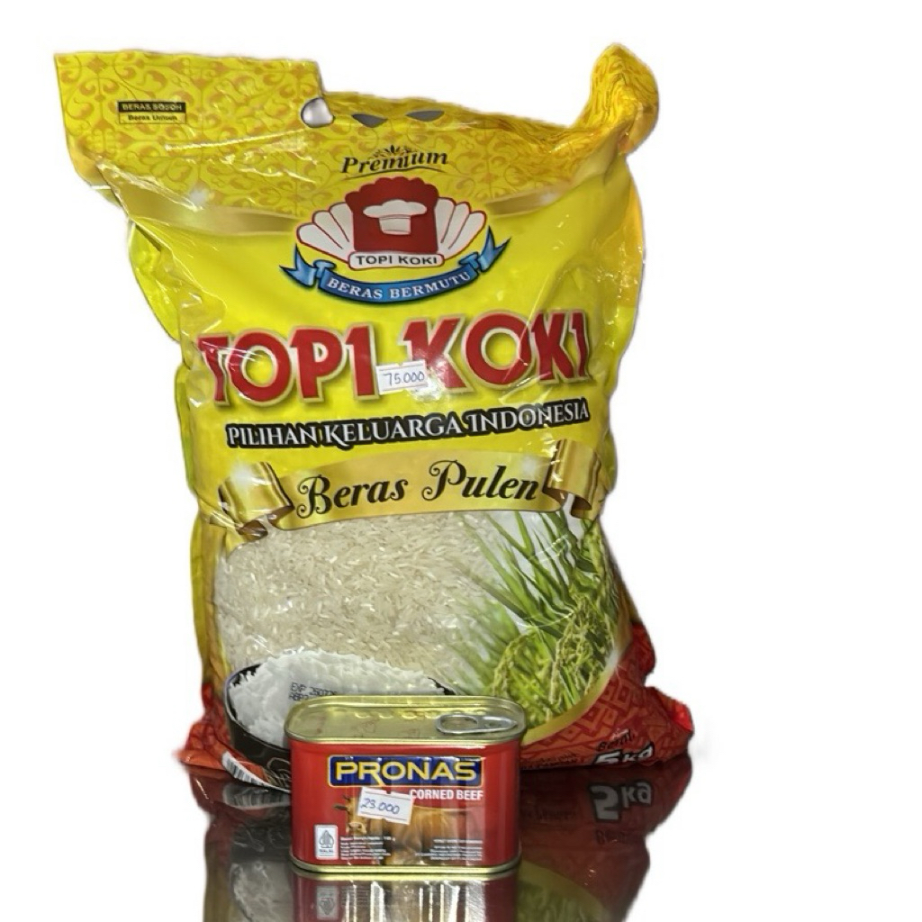 

(C2) Combo Hemat Beras Topi Koki 5kg & Pronas Corned Beef 198g