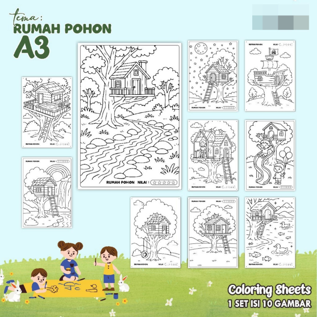 

KERTAS GAMBAR MEWARNAI TEMA RUMAH POHON - LEMBAR COLORING SHEETS FOR KIDS ISI 10 LEMBAR [A3] READY