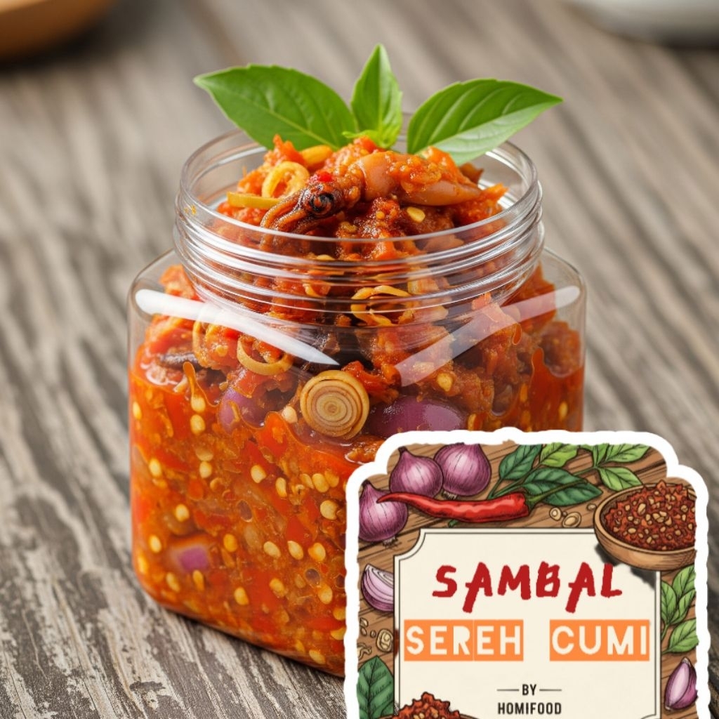 

Sambal Sereh Cumi Pedas Gurih by homifood menyajikan semua masakan rumahan dengan segala kehangatan keluarga dalam kemasan praktis toples 200ml
