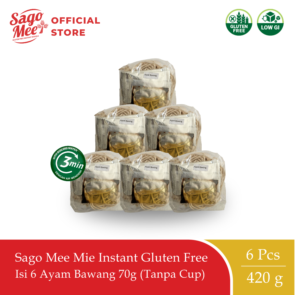 

Sago Mee Mie Instan Gluten Free Ayam Bawang 70g Isi 6 (Tanpa Cup)
