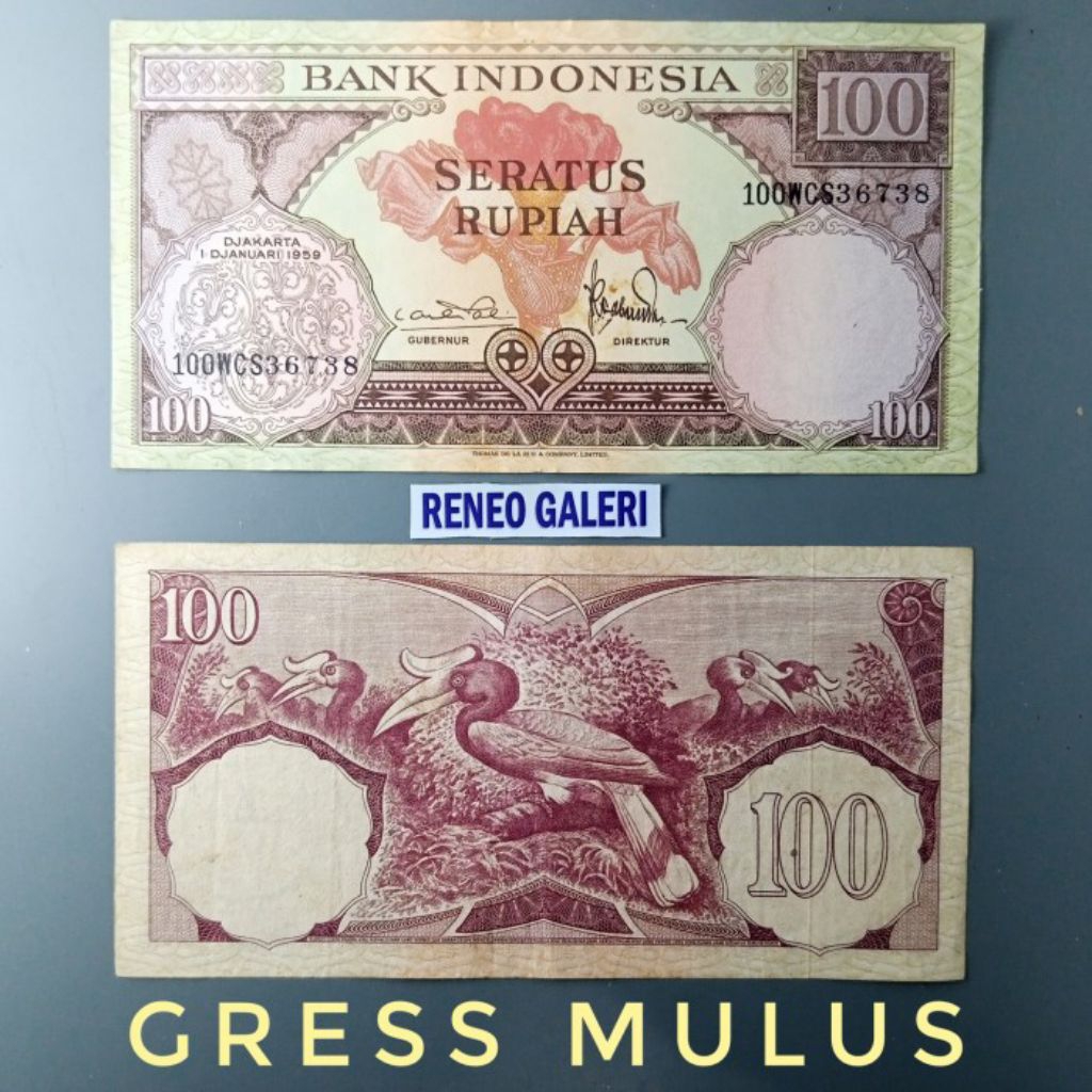 Mulus asli Rp 100 Rupiah Seri Bunga burung tahun 1959 Uang kertas Kuno duit jadul lawas lama origina
