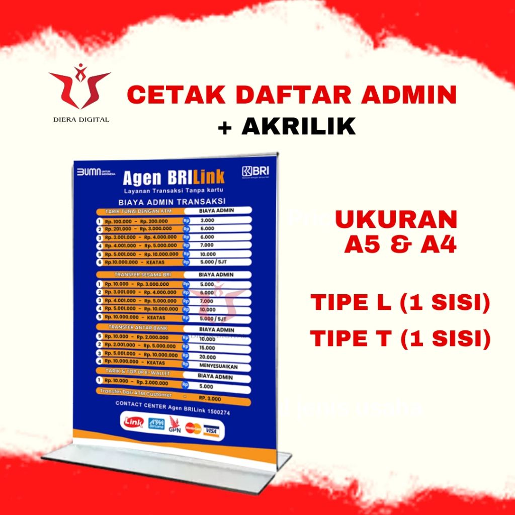 

CETAK ADMIN TRANSFER AGEN BRI LINK + Akrilik Ukuran A5 & A4 Type T & L ( bisa request selain qris (DieraDigital)