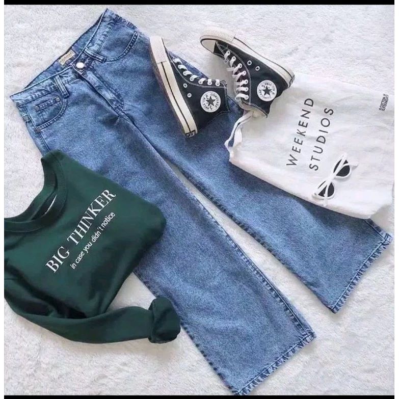 celana jeans wanita outfit cewek kulot denim korean style celana cutbray wanita jumbo bigsize kekini