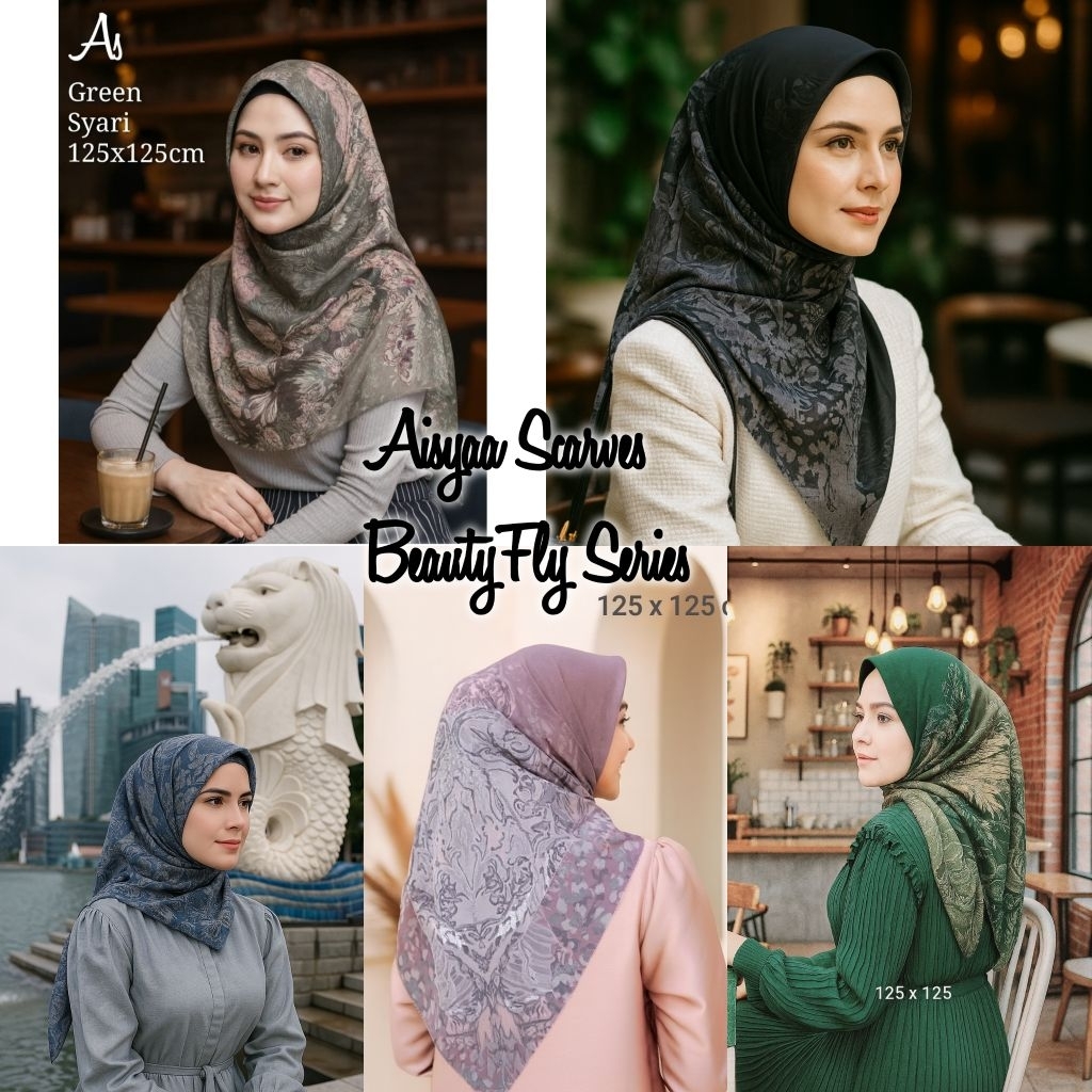 Hijab Segiempat Motif Beautyfly Warna Hitam/Hijau Botol/Dusty/Navy/Sage