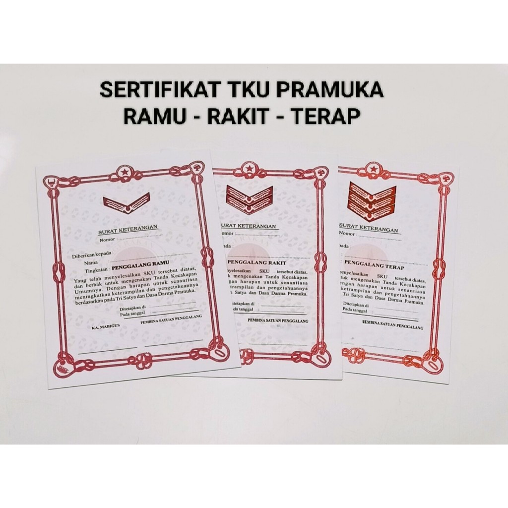 

Sertifikat TKU Pramuka Ramu Rakit Terap / Tanda Lulus Penggalang
