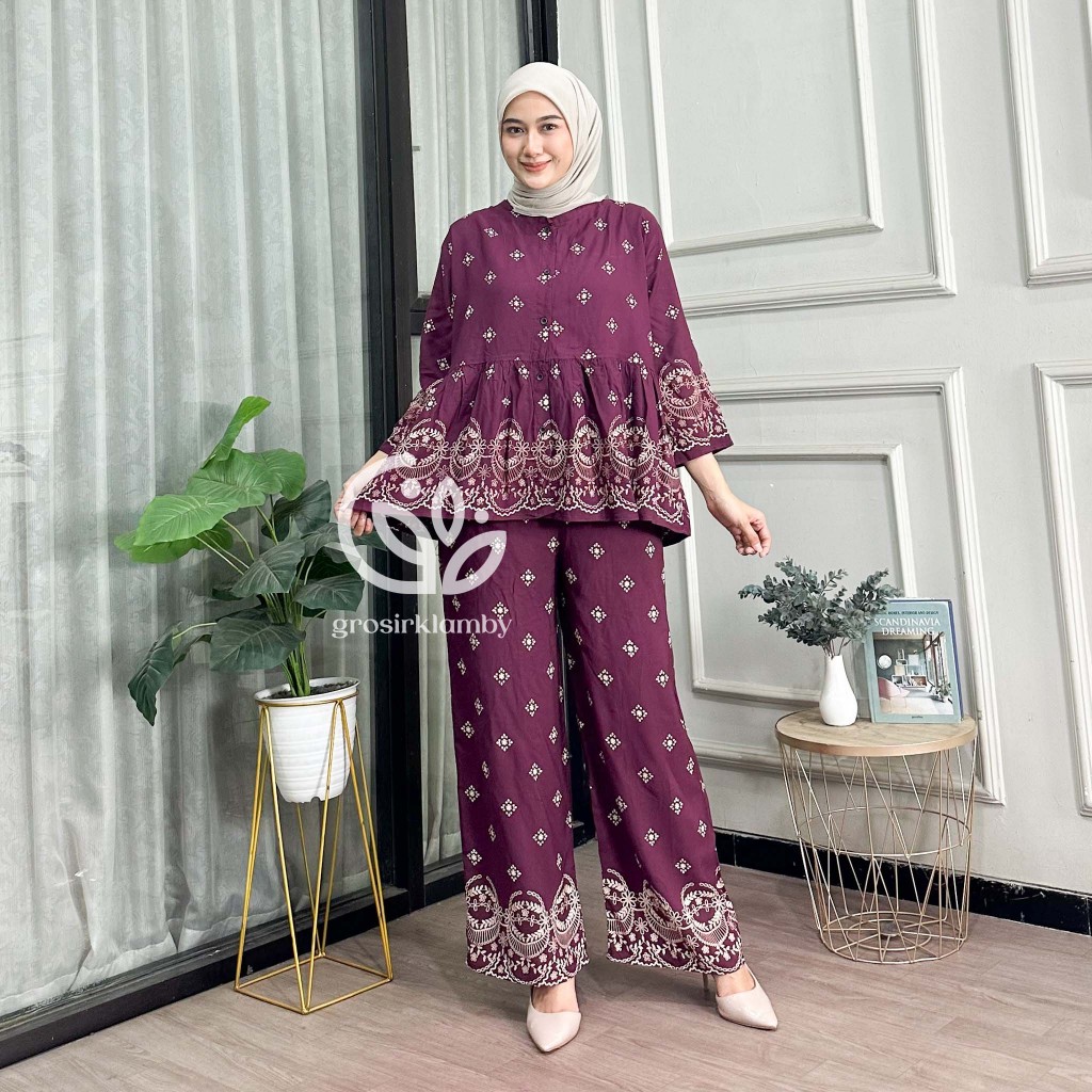 One Set Alyssa Rayon Batik Premium Rempel Busui Setelan Atasan Bawahan Wanita Celana Kulot Panjang A