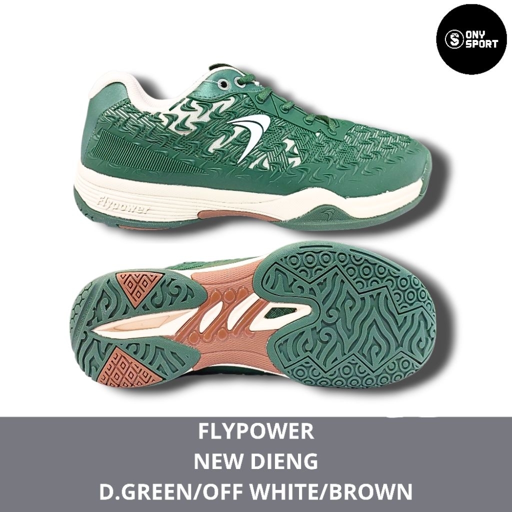 SEPATU BADMINTON FLYPOWER NEW DIENG D.GREEN OFF WHITE BROWN 100%ORI