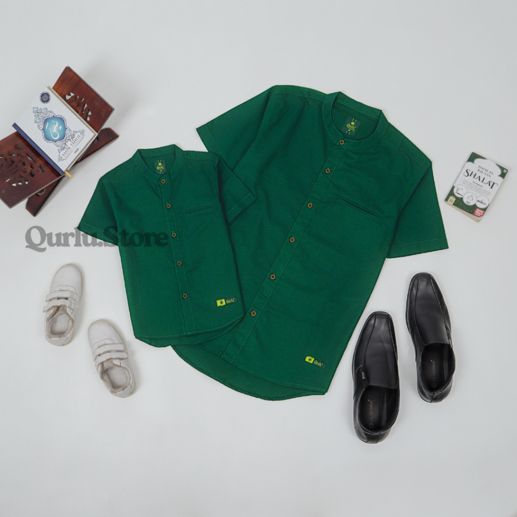 Qurlu - Kemeja Koko Dewasa/Anak warna HIJAU BOTOL (baju couple ayah dan anak laki-laki) Baju Koko Pr