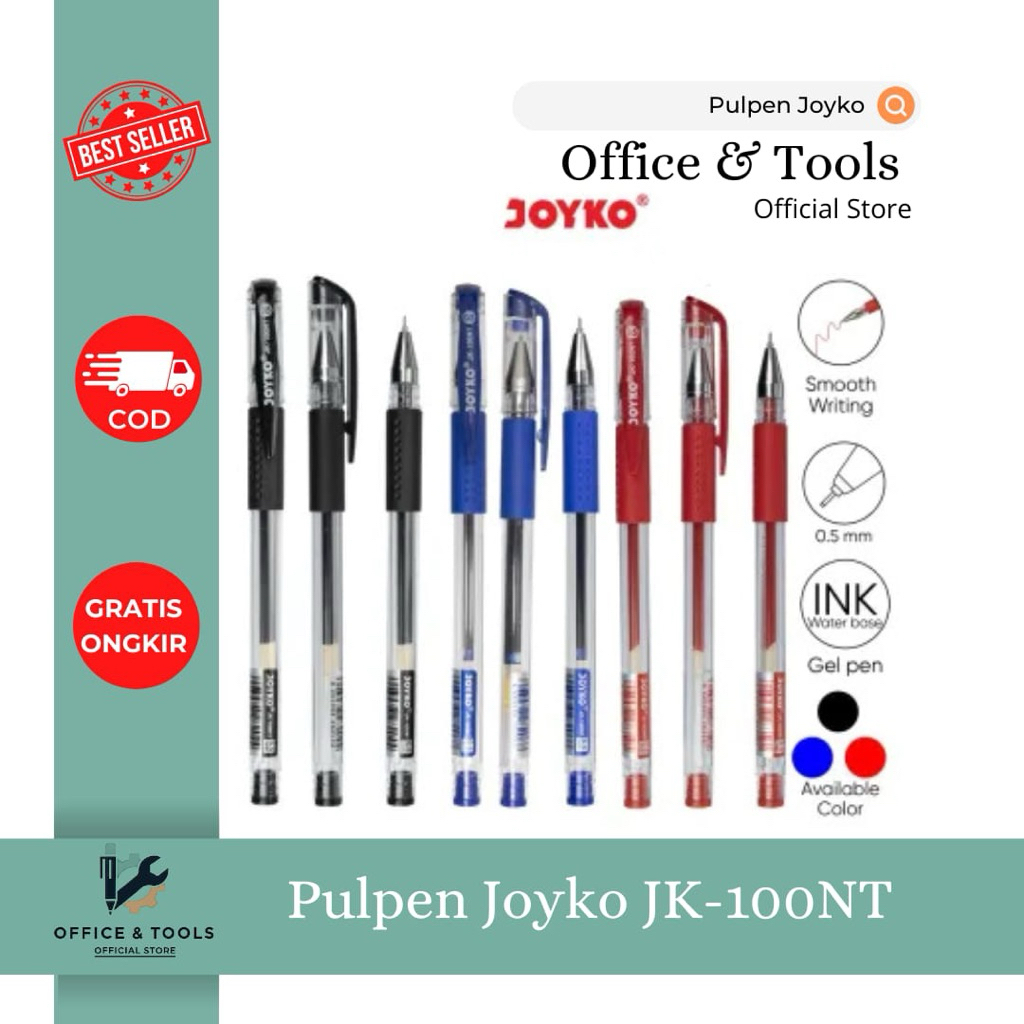 

Pulpen Joyko JK-100NT 0.5mm Gel Pen Tinta Water Based Hitam Biru Merah Pena Gel Smooth Writing Office & Tools