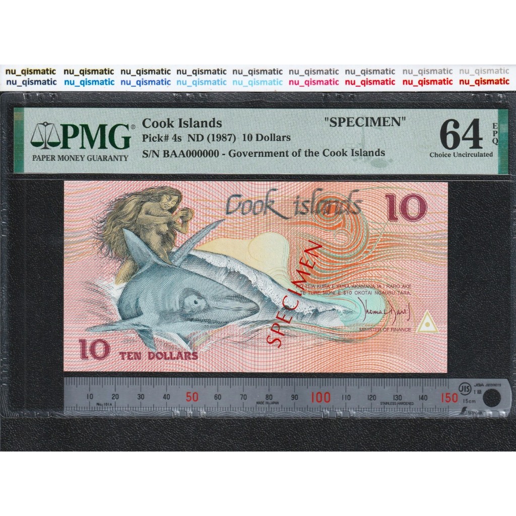 Uang Langka SPECIMEN Cook Islands 10 Dollars, 1987, PMG 64 EPQ Choice UNC, P# 4s