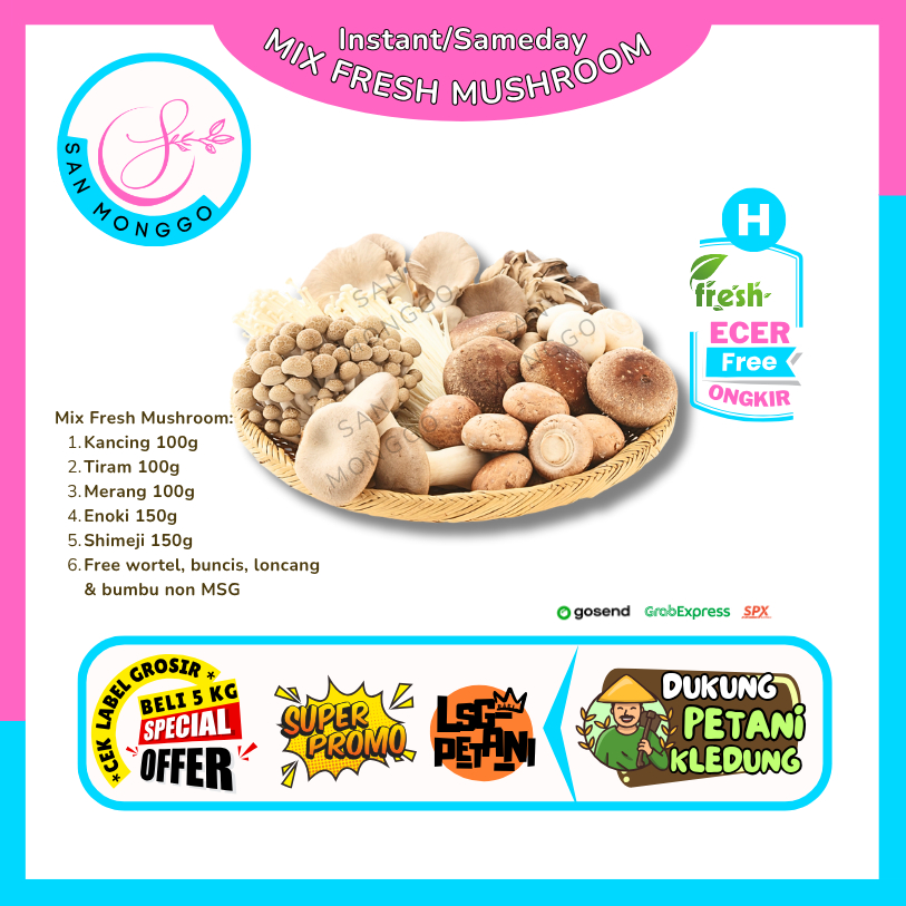 

Sanmonggoo >> Paket Jamur Mix C -- Hasil Bumi Sindoro Sumbing Ecer (H)