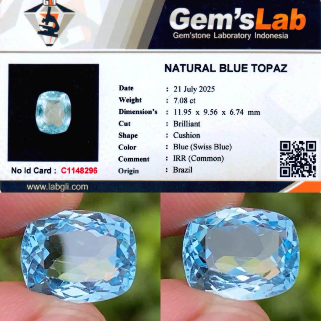 7,08 cts Natural Swiss Blue Topaz origin Brazil IRR Memo GLI