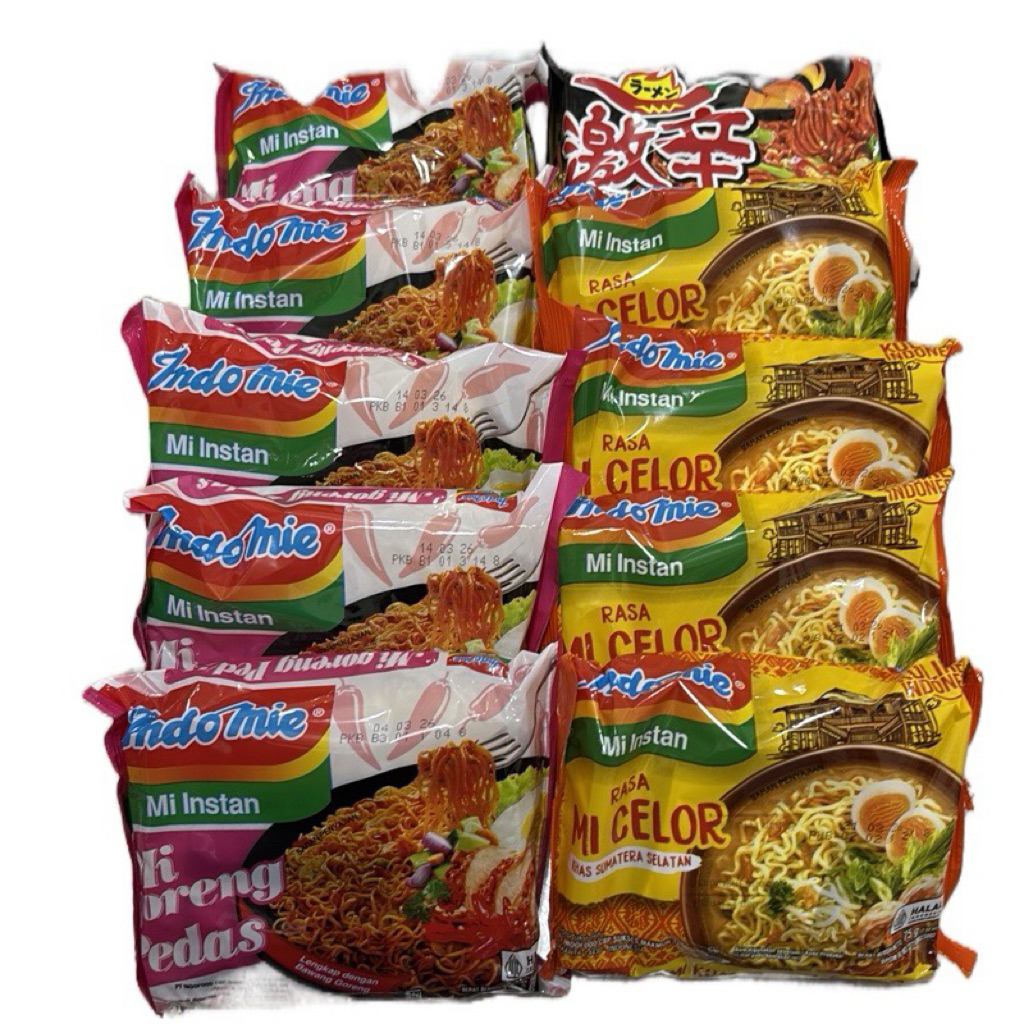

(C3) Combo Hemat 5bks indomie goreng pedas, 4bks indomie celor, 1bks gekikara ramen hot chicken 89g