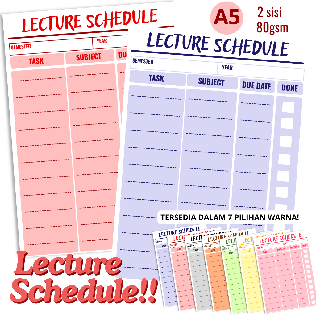 

(Papelrosie) Loose Leaf Planner A5 | Refill Isi Binder Lecture Schedule isi 20 Lembar Bolak-Balik | Hvs 80gsm