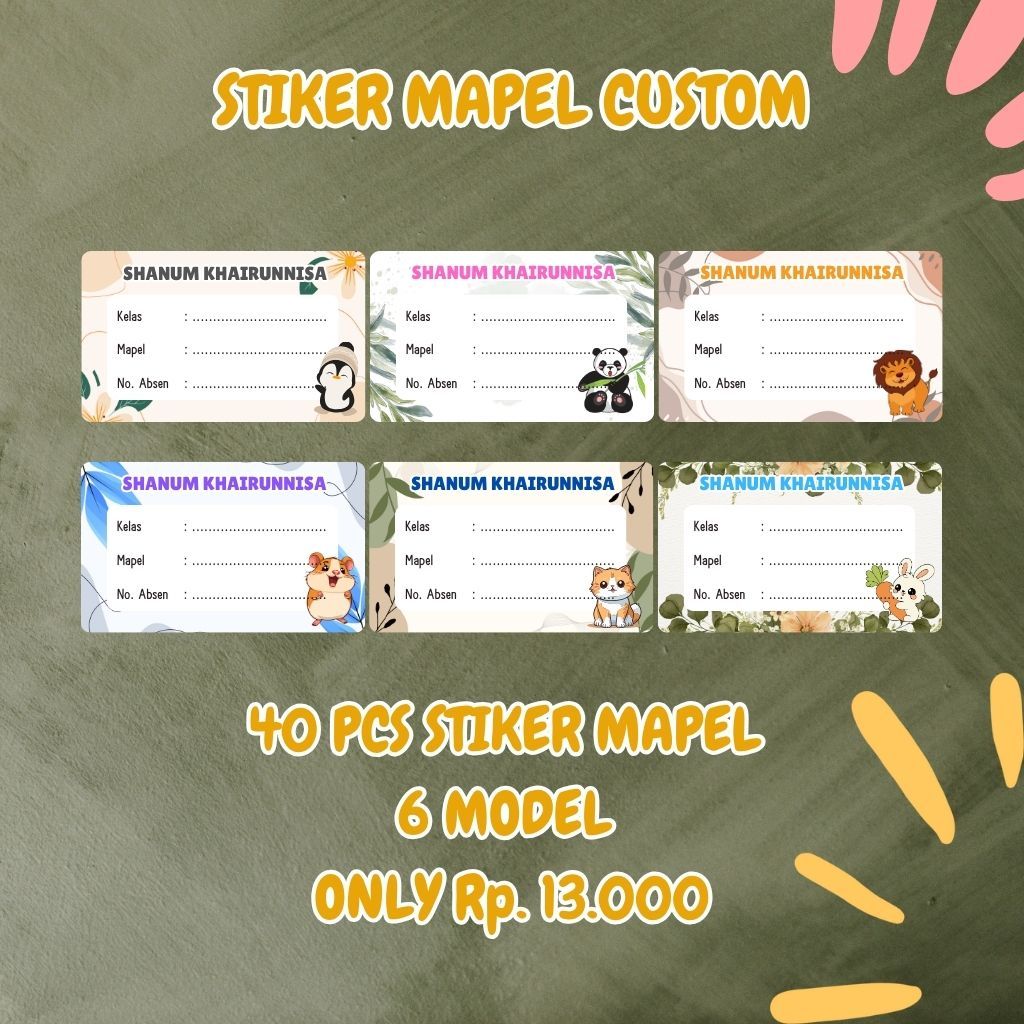 

(40 Pcs) Stiker Mapel Buku Sekolah Custom Nama, dan beragam motif Murah
