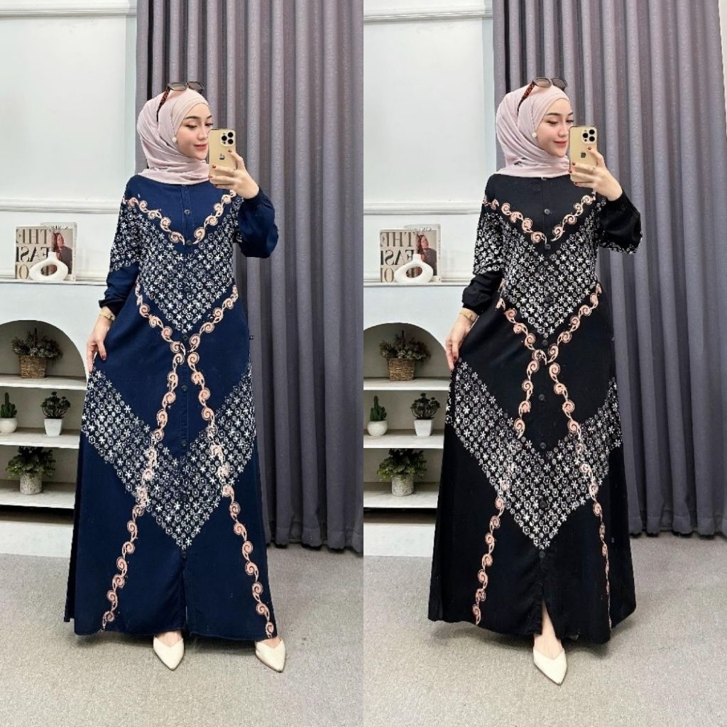 Gamis Twill Rayon Cap Malaman Premium Full Kancing Busui Friendly Panjang  motif truntum
