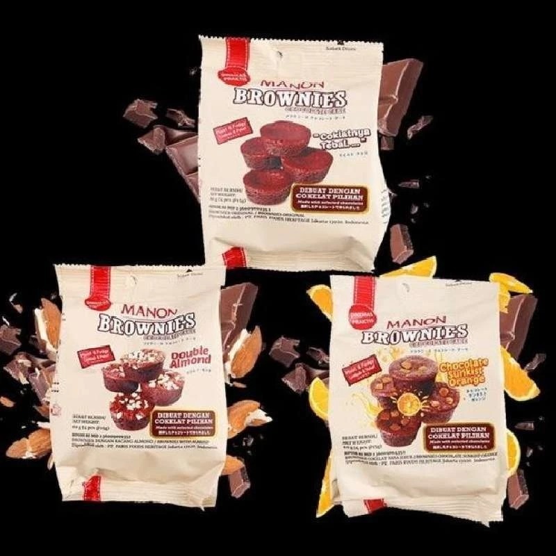 

Isi 4pcs Manon Brownies Gasset Coklat Premium 3 Kacang Almond - Varian Rasa Original, Double Almond, Orange Sunkist - Cookies