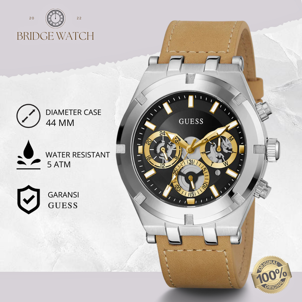 Jam Tangan Pria Guess Continental GW0262G1 Original Chronograph Analog Sporty Brown Leather Strap Ku