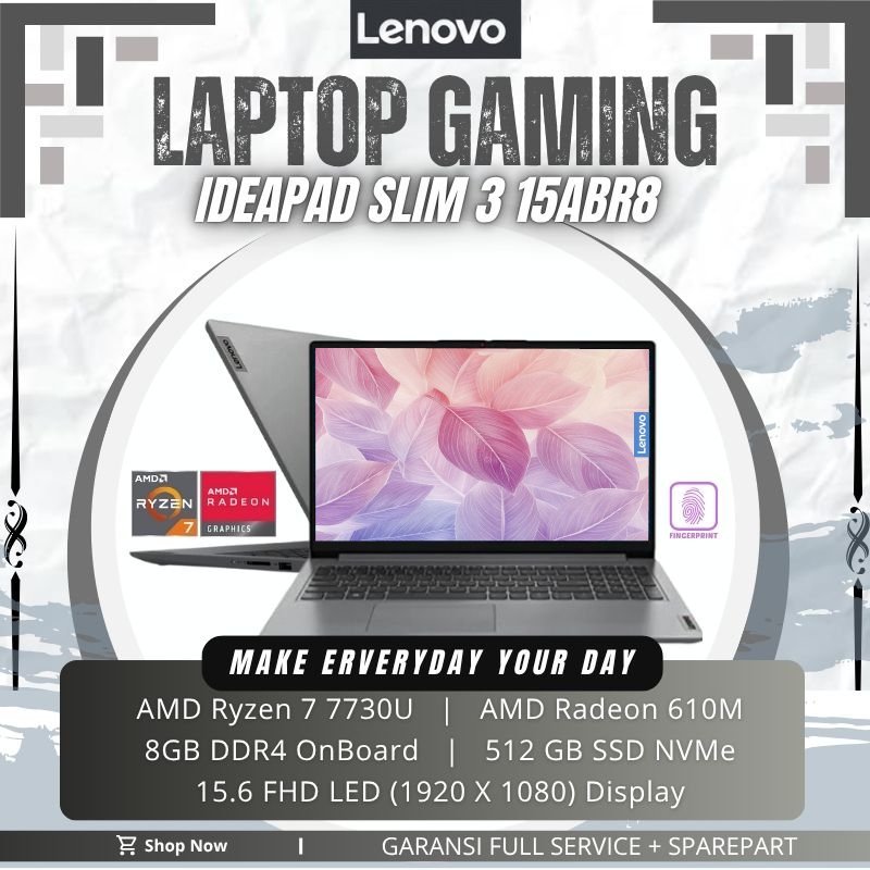 Lenovo Ideapad 3 15ABR8 | Ryzen 7 7730U | RAM 8GB SSD 512GB | FHD FingerPrint | Laptop Kencang & Sty