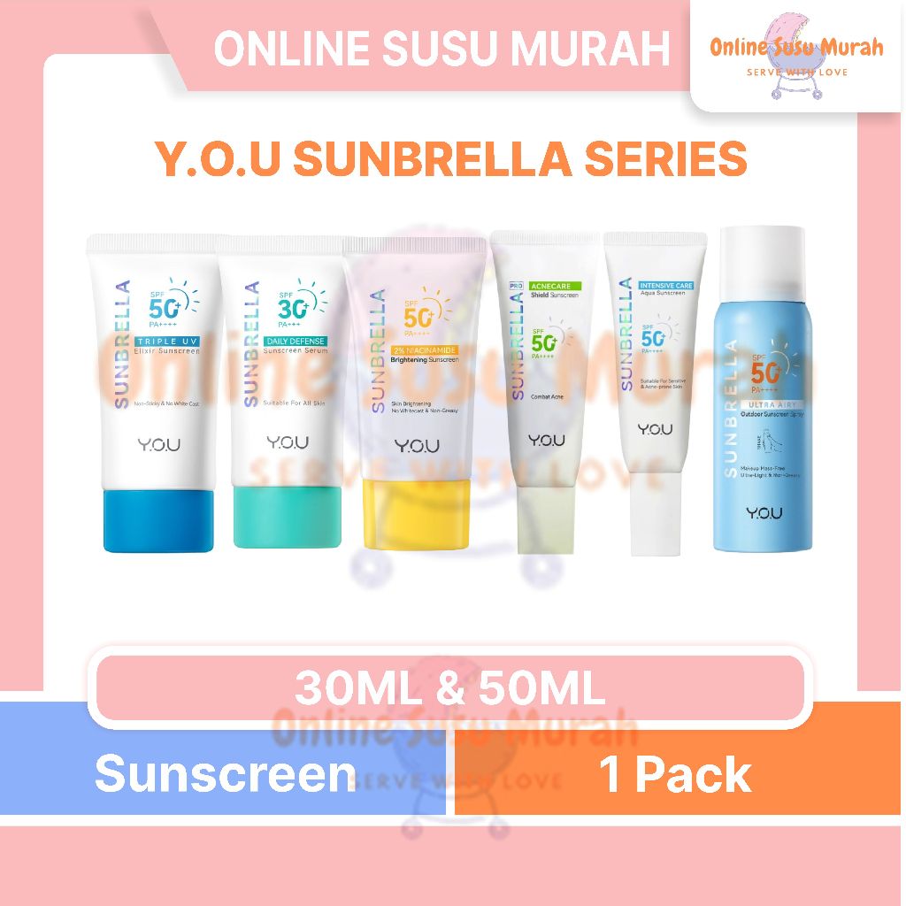 Y.O.U. SUNSCREEN SERIES TRIPLE UV ELIXIR SPF 50+ PA+++ WITH HYALURONIC ACID ALL VARIANT YOU PRLA