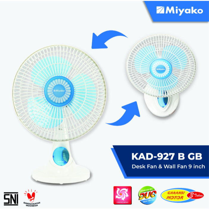 MIYAKO KAD 927 B GB - Kipas Angin Desk Fan & Wall Fan 2in1 9 inch - Jaring Besi