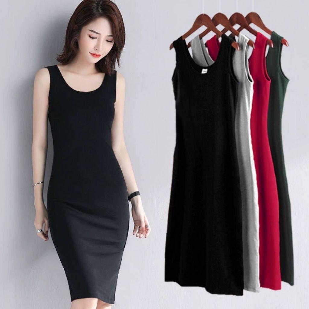 LEEA Bodycon Dress Long Premium Rib - Dress Polos Wanita Panjang Tanpa Lengan Sleeveless Kaos Casual