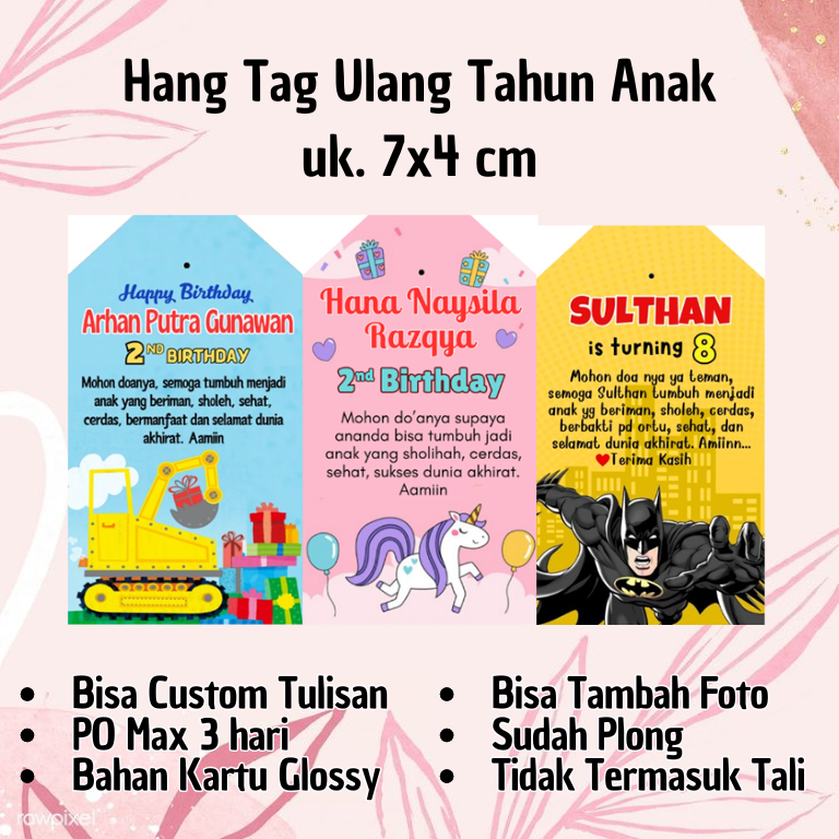 

(Pre Order) PROMO Label Hang Tag 4x7cm GLOSSY Ulang Tahun Khitan Tedak Siten 1 Sisi Custom Tulisan