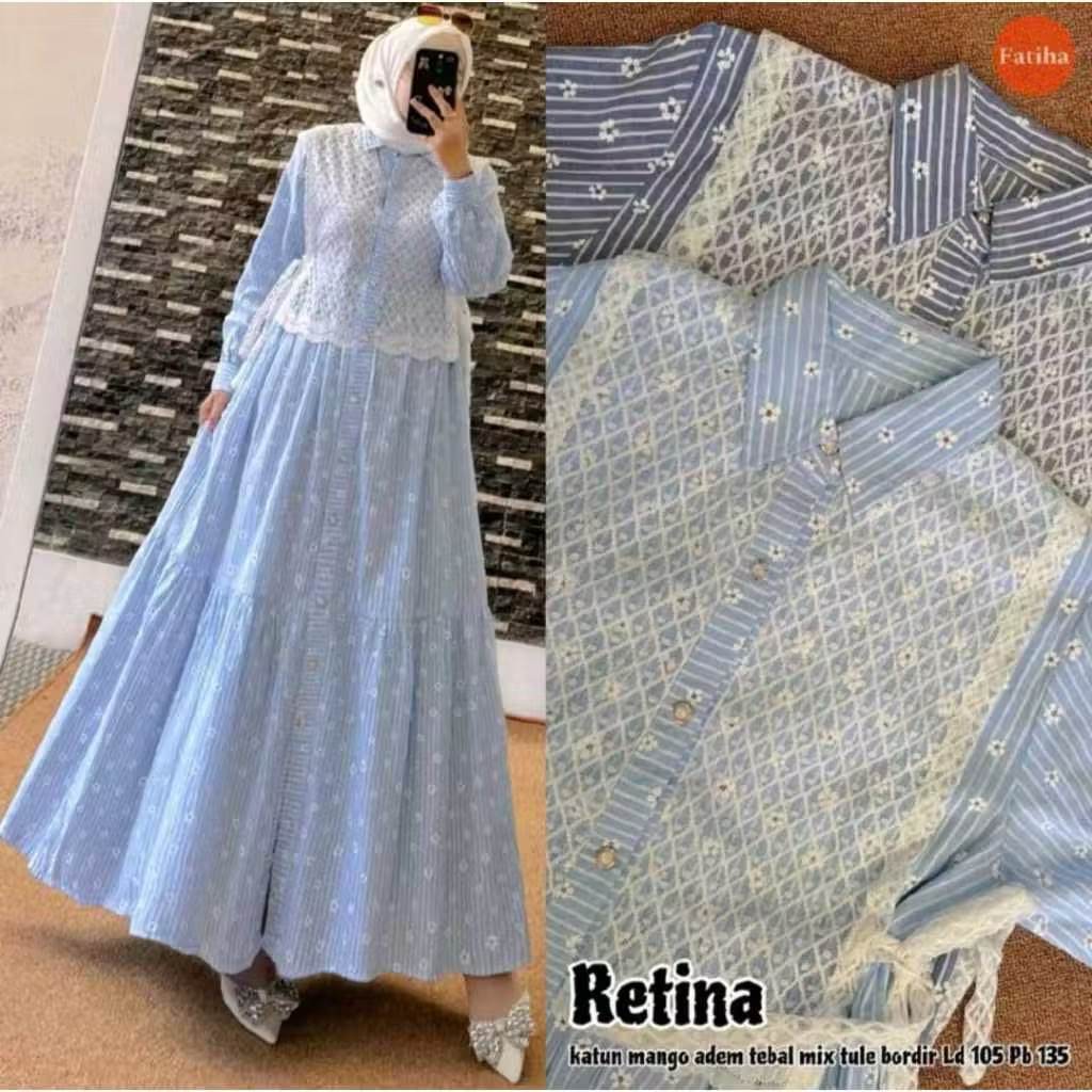 RETINA DRESS GAMIS SALUR KATUN MOTIF SALUR BUNGA KOMBINASI BURKAT TERBARU