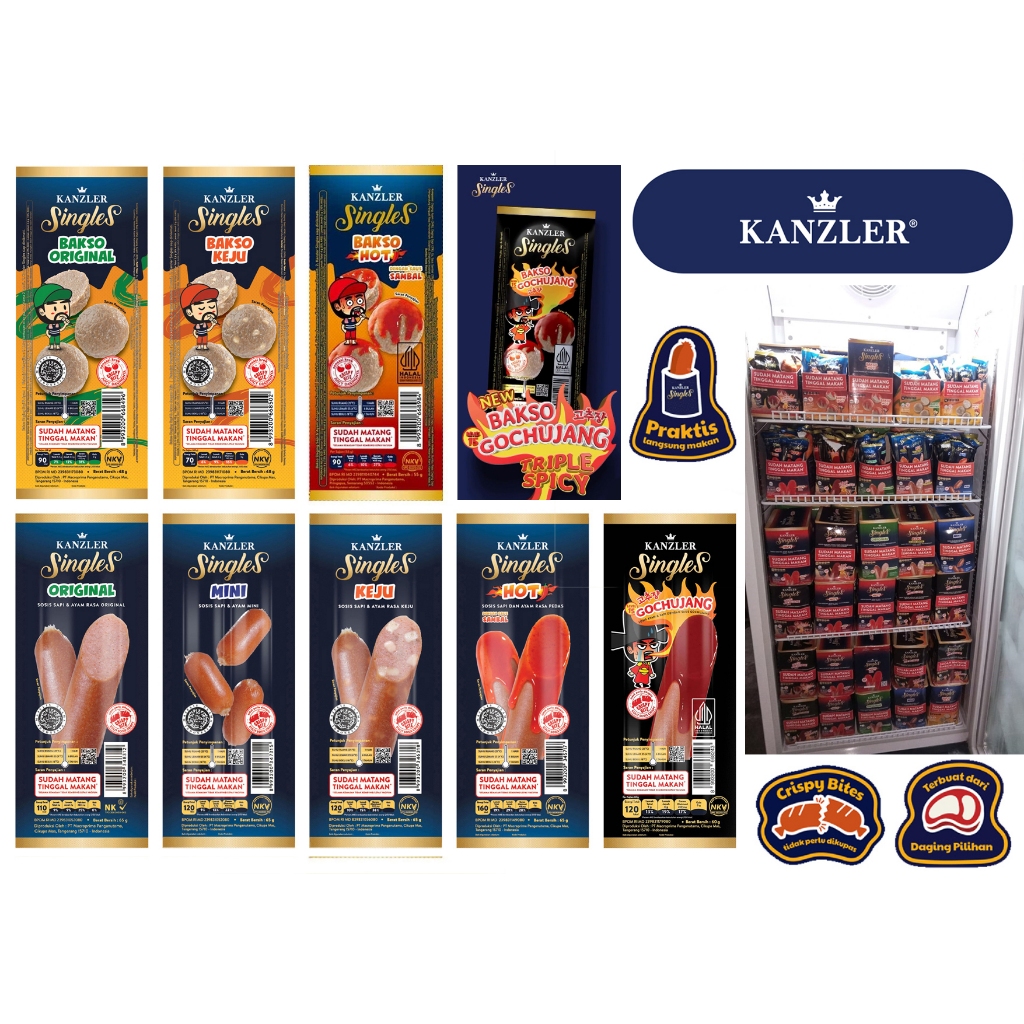 

KANZLER Singles Sosis *60gr-65gr* Sosis Original | Sosis Hot | Sosis Keju | Sosis Gochujang | Sosis Mini •/• Singles Bakso *48gr-55gr* Bakso Hot | Bakso Original | Bakso Keju | Bakso Gochujang