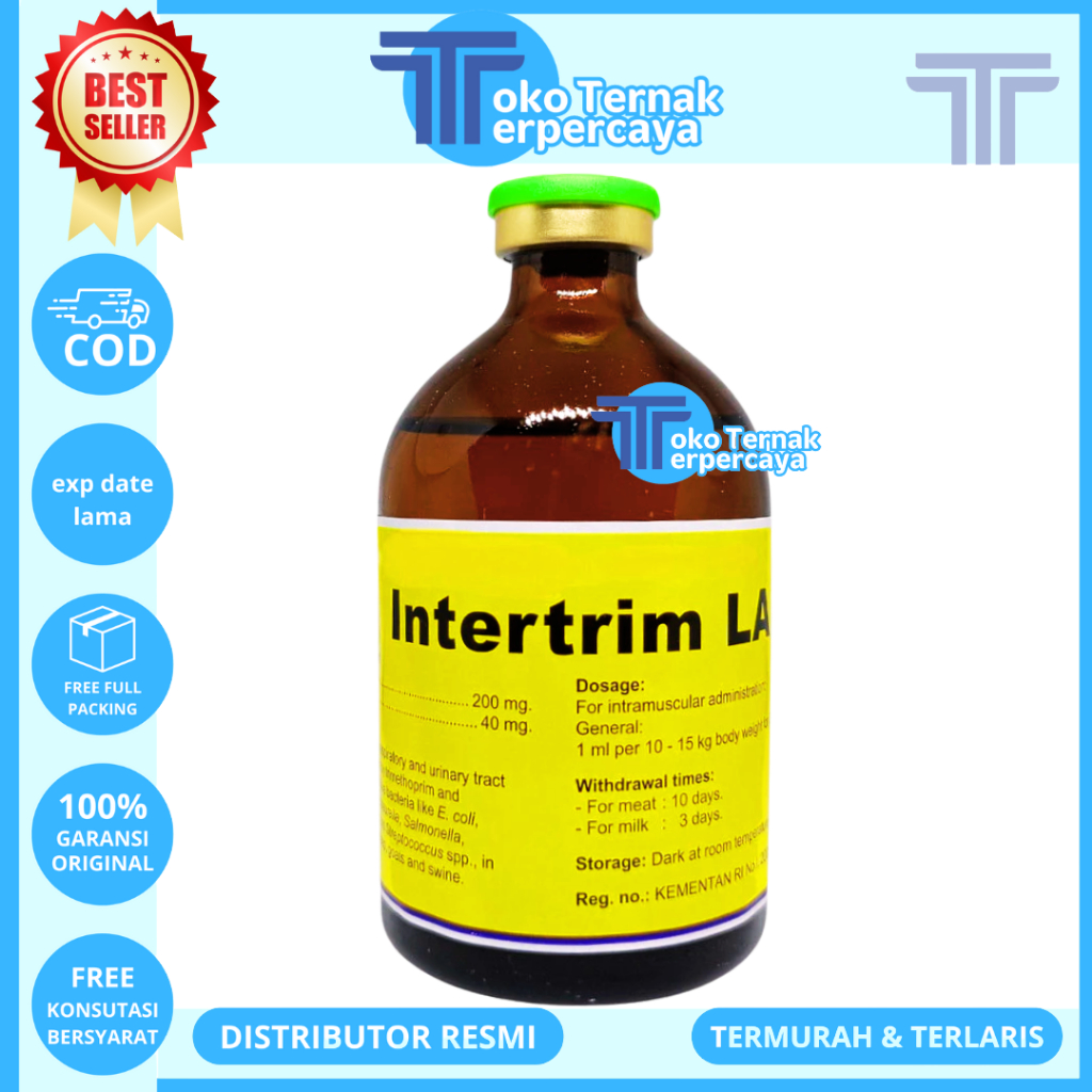 INTERTRIM LA 100ML - Obat Hewan Infeksi Spektrum Luas Long Acting - Obat Diare Hewan Sapi Kambing